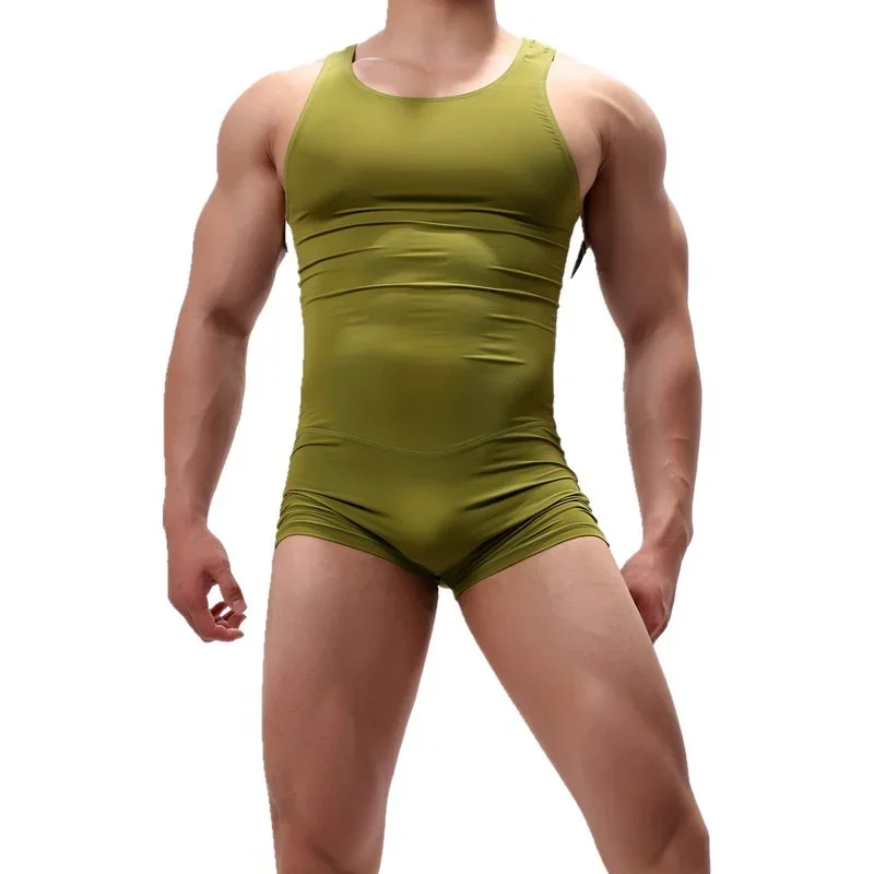 Men Undershirts Leotard Sports Workout Bodysuit Shorts Wrestling Singlet Fitness Jumpsuit Sexy Slip Ice Silk Underwear Swimwear