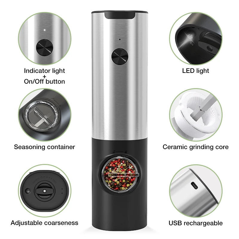 Rechargeable Electric Salt and Pepper Grinder Set Automatic Shakers With  Charging Base USB Cable LED Lights - Crazy Sales