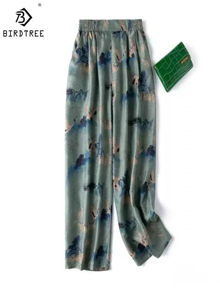 

Birdtree 50% настоящие шелковые Сатиновые прямые брюки, женские жаккардовые брюки с эластичной резинкой на талии, художественные брюки в стиле ретро, весна 2024, новинка B41971QM