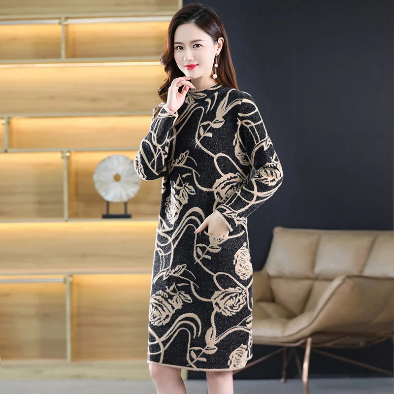 

Spring Soft Woolen Dress Female Casual Loose Knitted Vintage O-neck Jacquard Dress Women Tunics