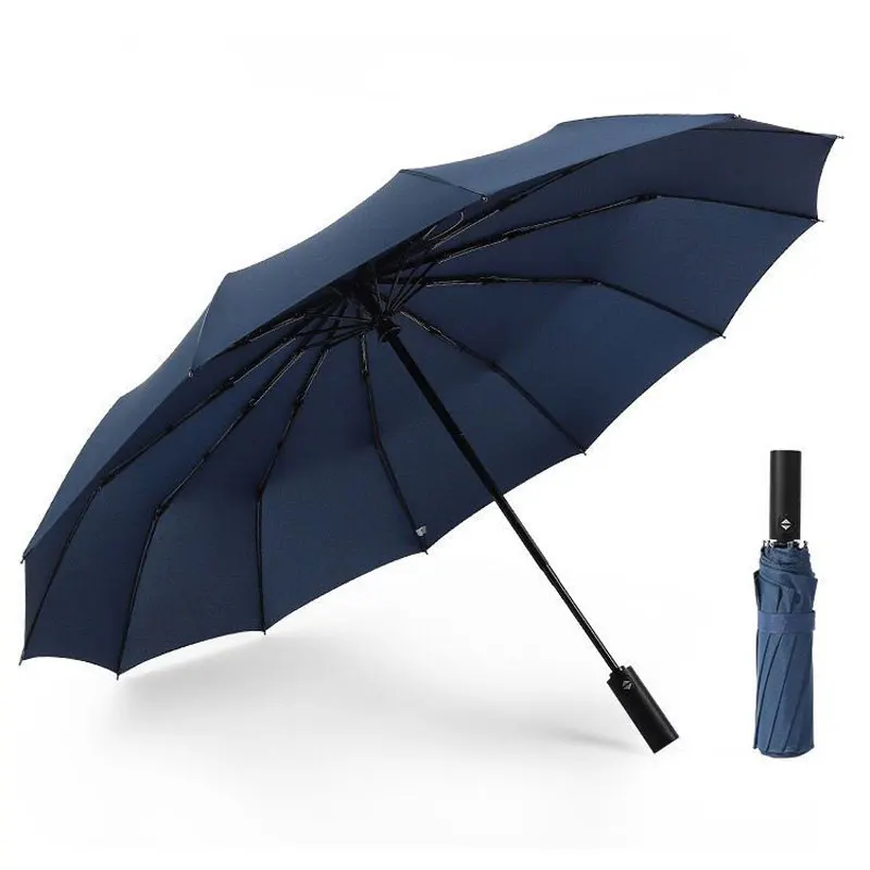 Fully Automatic 12 Ribs Rainy Umbrella 3 Folding Adults Bumbershoot Pongee Parasol Wind