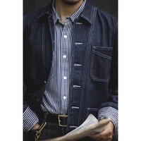 Amekaji Vintage Denim Jacket Men Lapel Multi-pocket Striped Workwear Tooling Jacket Spring Autumn New Primary Color Denim Coat 2