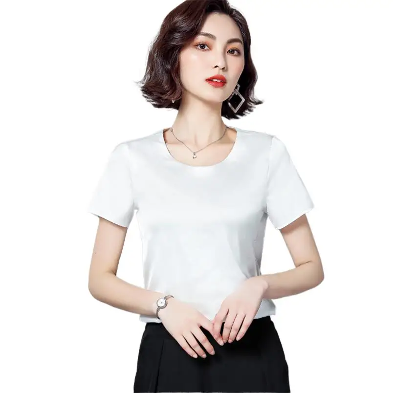 

2024 новые летние женские футболки, однотонные атласные топы с круглым вырезом, повседневные свободные простые женские футболки, топы