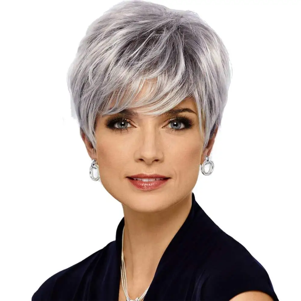 

Grey Short layered straight Women Wig With Softly Swept Bangs Synthetic Hair Wig