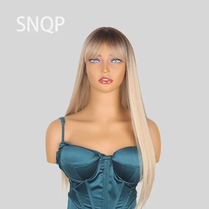 

SNQP 28inch Straight Hair with Bangs New Stylish Hair Wig for Women Daily Cosplay Party Heat Resistant High Temperature Fiber