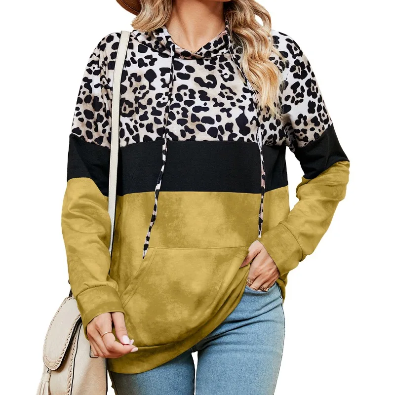 Autumn Winter Women's Pullover Hooded Leopard Pattern Drawstring Contrast Pocket Lantern Long Sleeve T-shirt Hoodies Casual Tops