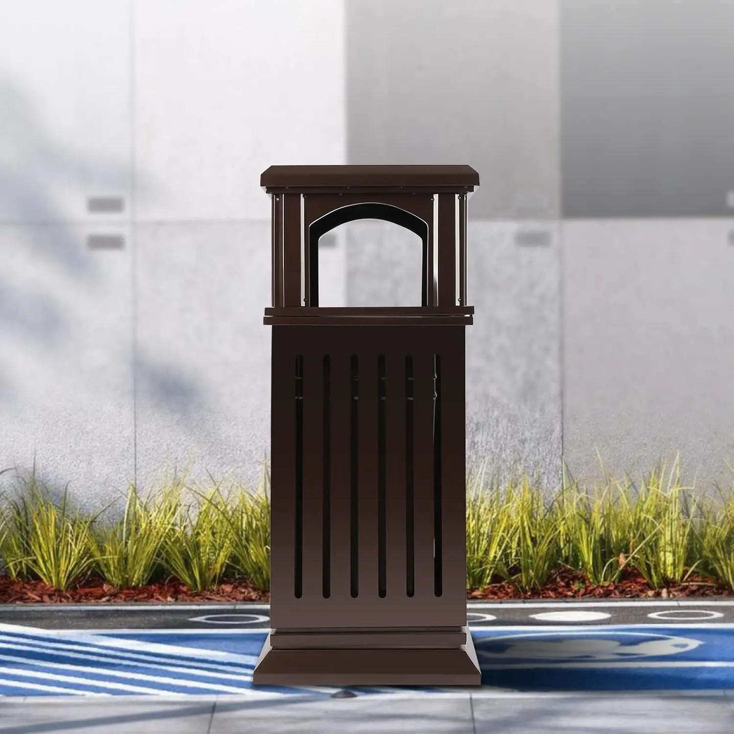 Heavy Duty Steel Garage Waste Container with Locking Lid&Ashtray,40L Trash Bin for Yard Park Garden (Brown)