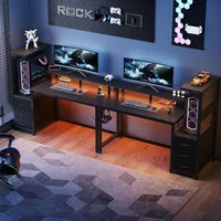 L Shaped Gaming Desk With Shelves Storage Drawers 52'', Black Computer Desks With LED Lights Power Outlets, Office Wood Ta 2