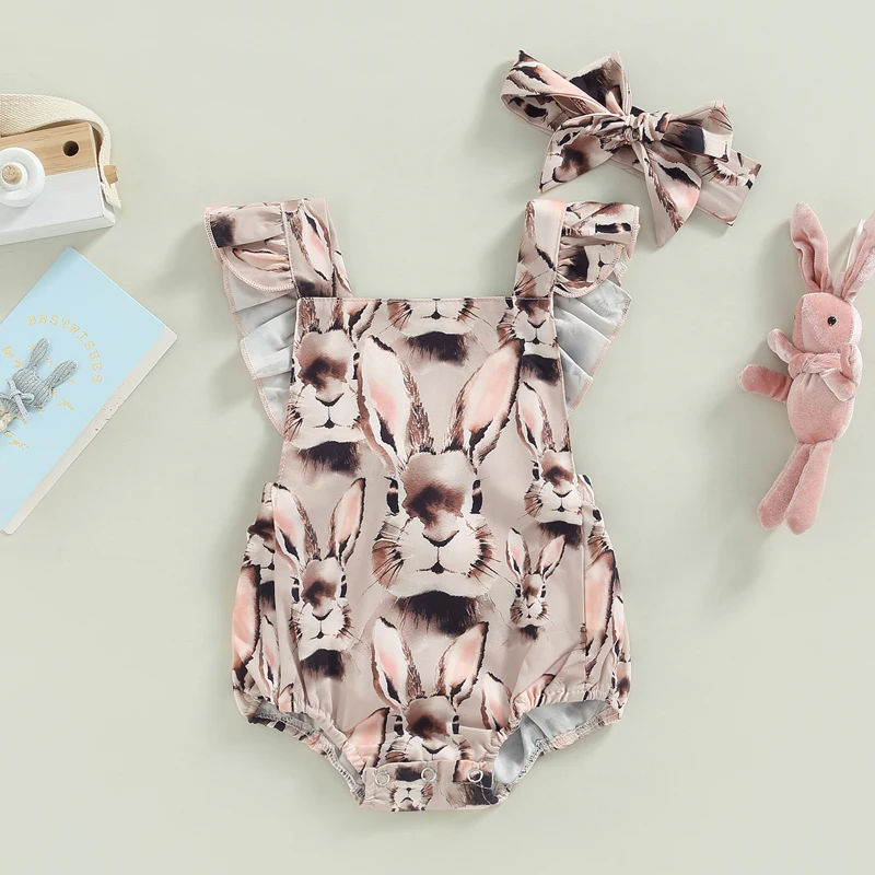

Easter Summer Newborn Baby Girls Rompers Clothes Cartoon Rabbit Print Ruffles Sleeves Backless O-neck Jumpsuits Headband Outfits