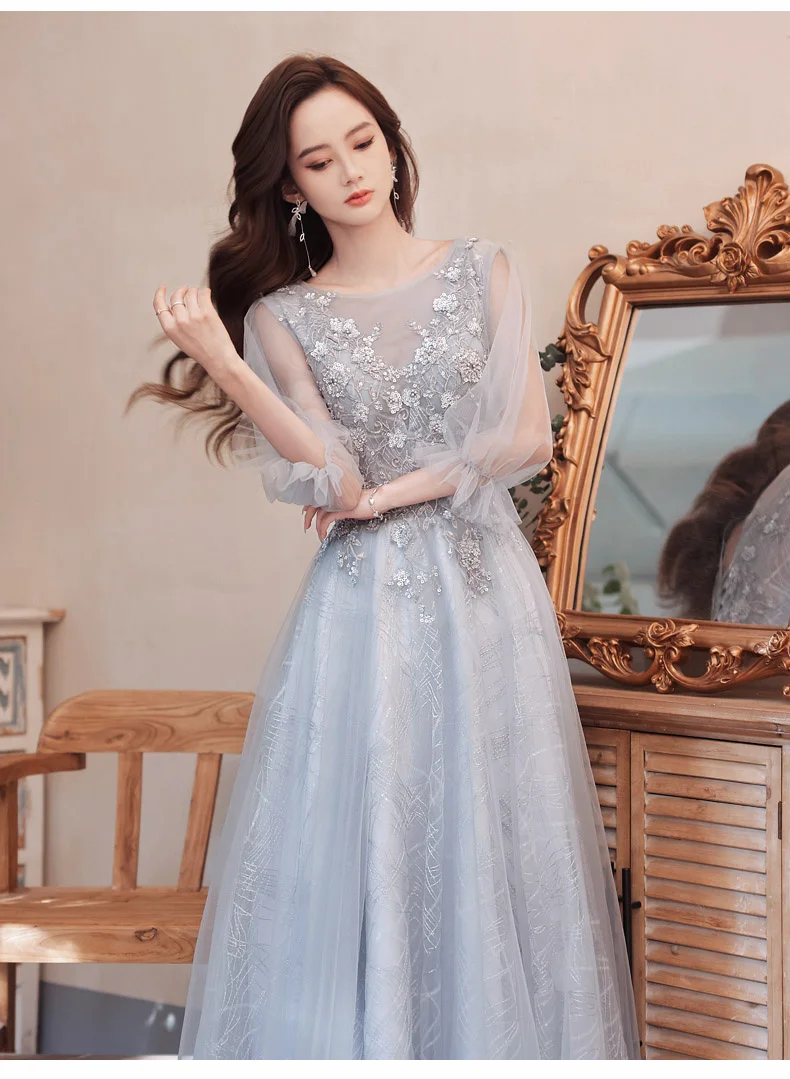 Evening Dresses Elegant Grey Evening Dresses 2021 A-Line Floor-Length Appliques Sequined Tulle Long Women Formal Gowns For Wedding Party petite formal dresses