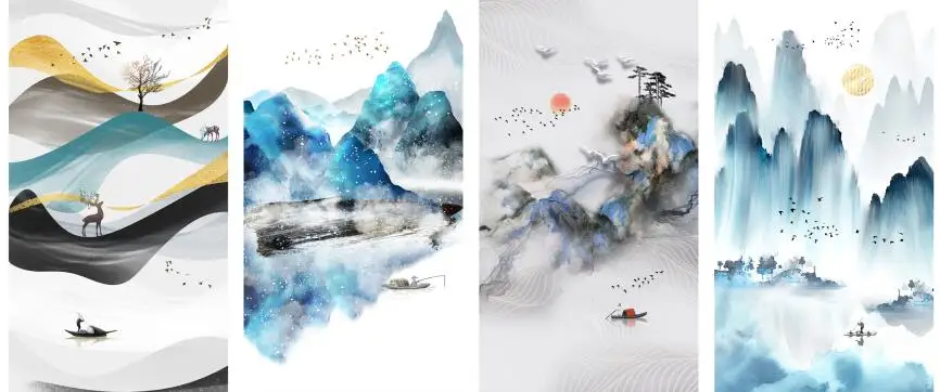 

MT0953 Chinese Style sunrise Ink landscape Print Art Canvas Poster For Living Room Decor Home Wall Picture