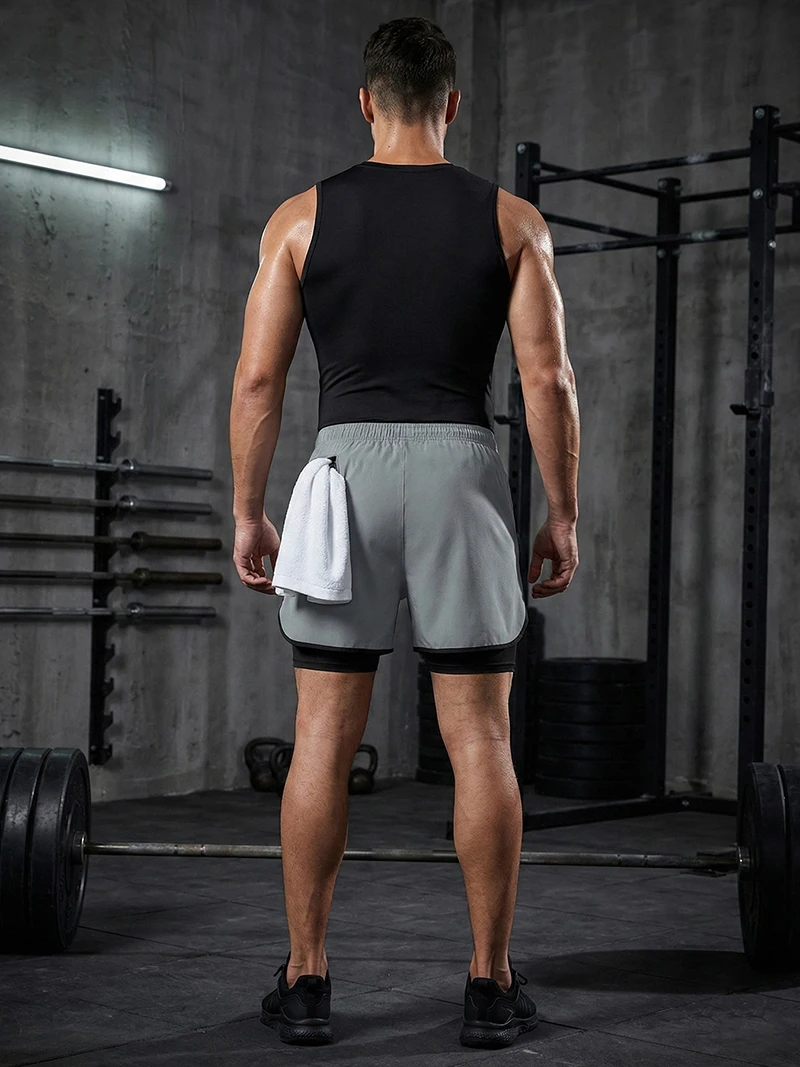 Men's Workout Running Athletic Clothing Set Sleeveless Compression Shirt Tank Top 2-in-1 Gym Shorts with Phone Pocket Towel Loop
