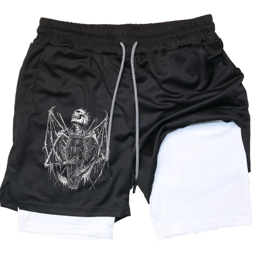 Y2K Performance Shorts Men Quick-drying Fitness Skull Print Double Layer Shorts Workout Training Running Bodybuilding Sportwear 6