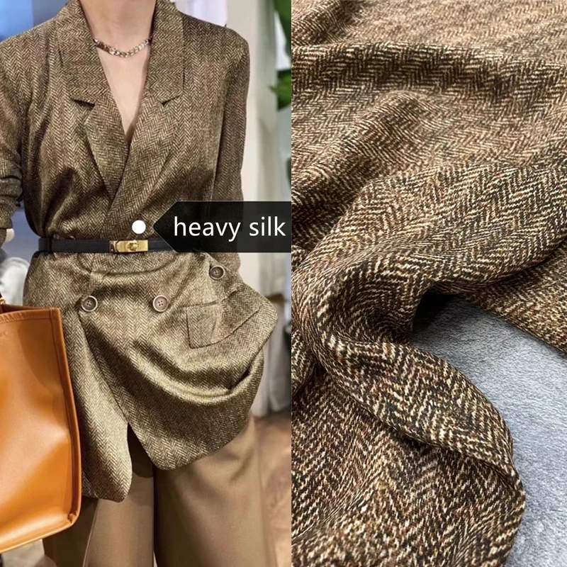 Fashion Classic Oatmeal Herringbone Print Stretch Heavyweight Silk