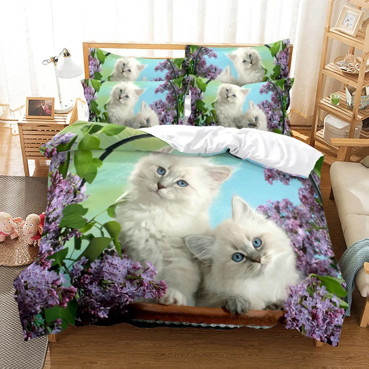 3D Cat Cute Kitten Pattern Duvet Cover Cat Kids Bedroom Decoration Cat Bedding Set for Women Girls Boys Gifts with Zipper 3pcs