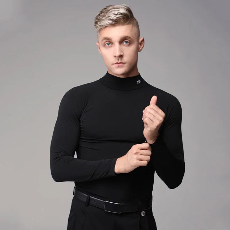 

Fashion Male High Collar Modern Dancing Top Black Long Sleeved Ballroom Dance Tops Men Performance Latin Dance Shirt SL9593