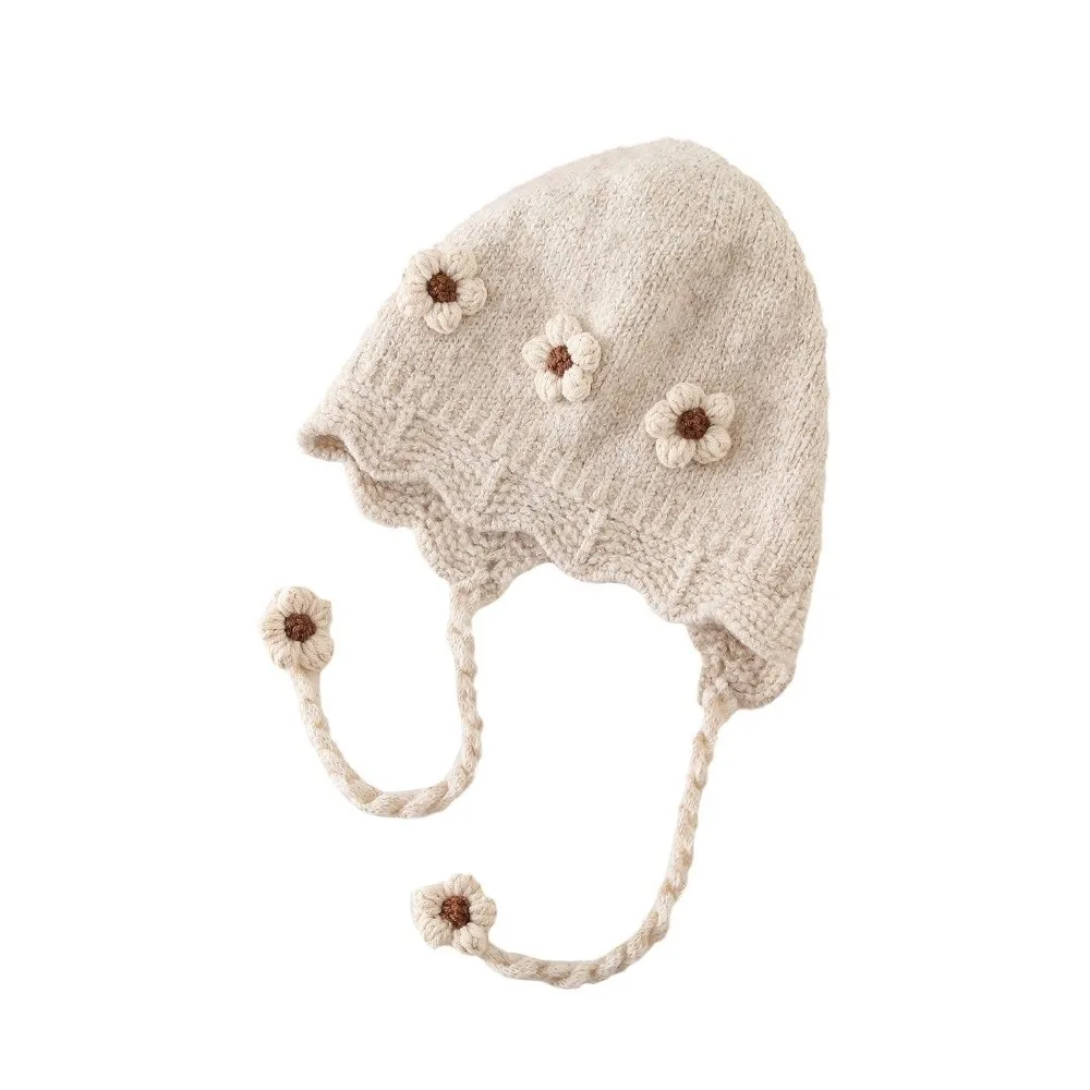 New Windproof Pullover Cap Coldproof Pompom Beanie Hat Knitted Flower Ear Protection Hat Autumn and Winter