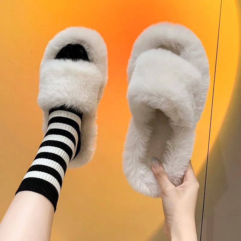 

Women's Slippers Autumn Winter Wool Warm Women Shoes Outdoor Leisure Furry Slides Women Fashion Flat Non-slip Ladies Slippers 40