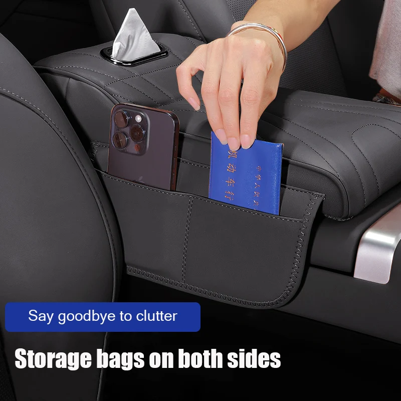 테슬라 모델 3 / Y 센터 콘솔 팔걸이 라이저 패드 ? 프리미엄 가죽 오거나이저 (내장형 티슈 홀더 및 수납 포켓 포함)
