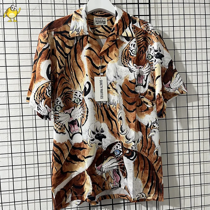 

Full Tiger Print WACKO MARIA Beach Shirts Men Woman Casual Lapel Buttons Best Quality Summer Tops 2023 New