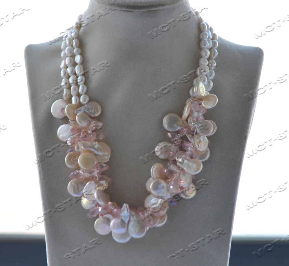 

MCT·STAR Z12462 3Row 18'' 15mm Pink Coin White Baroque Pearl Drop Faceted Crystal Necklace