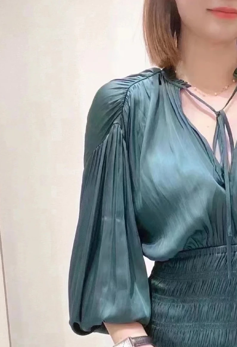 

New Arrivals Dark Green Satin Dress For Women Korean Fashion Vintage With Free Shipping V Neck Elegant Evening Dresses