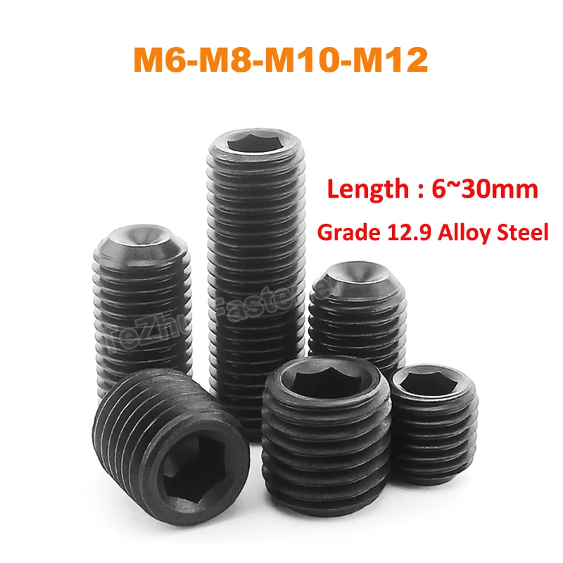 

Hex Socket Set Screws M6 M8 M10 M12 Grade 12.9 Alloy Steel Fine Thread Headless Allen Cup Point Grub Screw Length 6~30mm DIN916