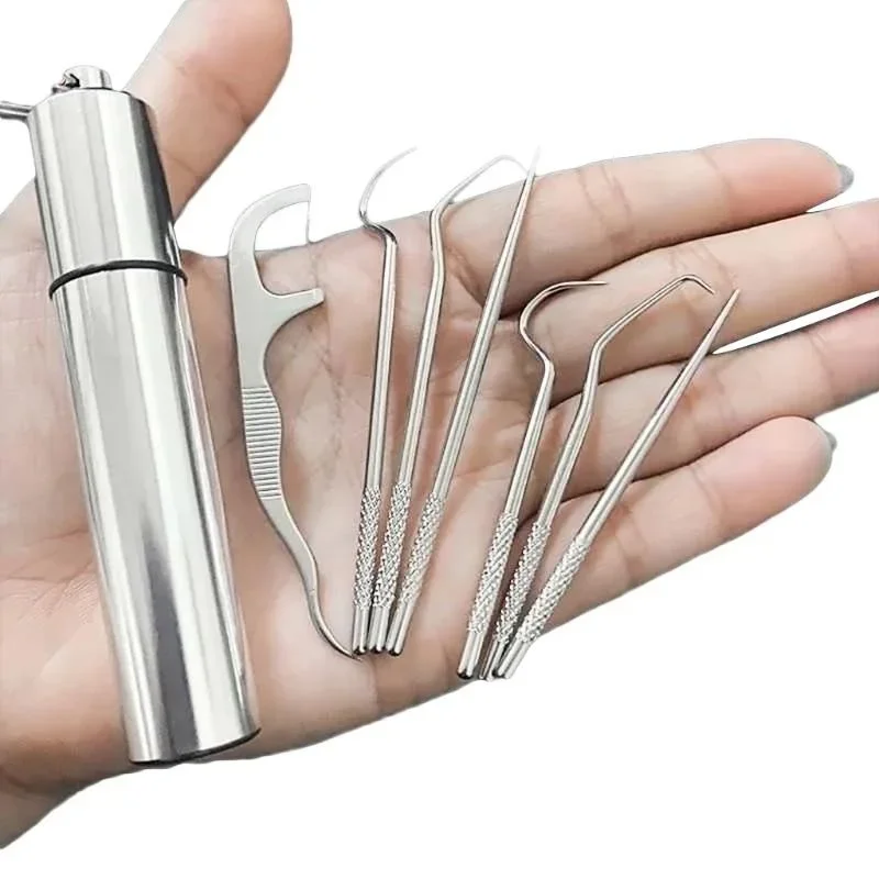Stainless Steel Toothpick Set Portable Oral Cleaning Tools Tooth Flossing Artifact Outdoor Picnic Camp Reusable Toothpick 7Pcs