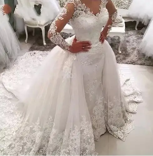 

Mermaid Lace Wedding Dress Gown Long Sleeves Brand Vestido Noiva Custom Made