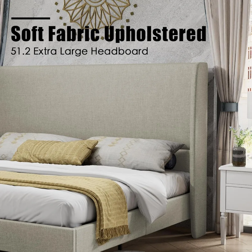 Queen Platform Bed Frame 51.2" High Headboard Tall Upholstered Beds/No Box Spring Required, Queen Bed Frame 3