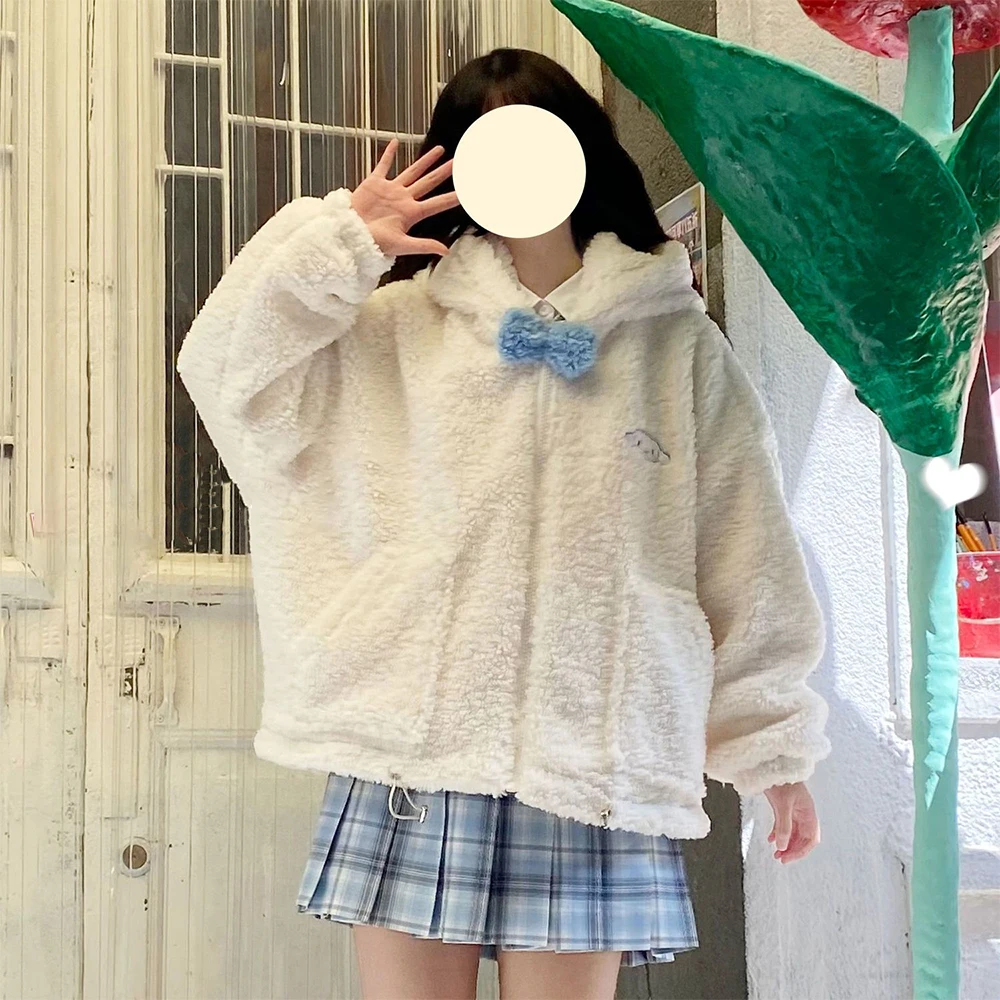 

Sanrio Cinnamoroll Женская куртка Jk Kawaii аниме утолщенное бархатное теплое пальто с капюшоном Повседневная Женская мультяшная осенне-зимняя одежда