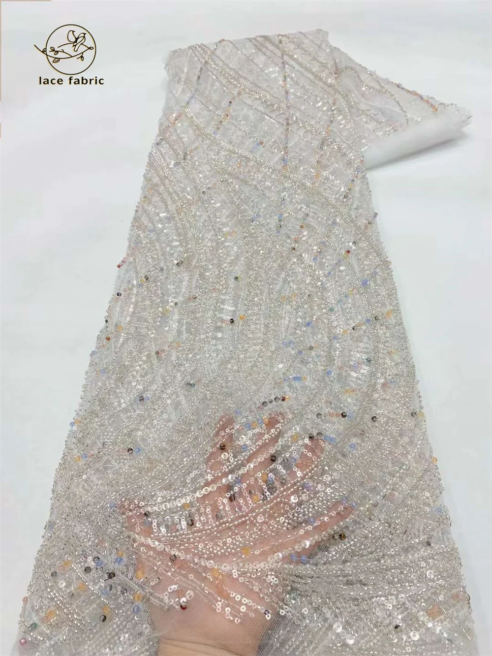 

Fashion Nigerian Luxury Beaded Tulle Embroidery Lace Fabric 2024 French Heavy Beaded Sequins Net Lace Fabric For Bridal Dresses
