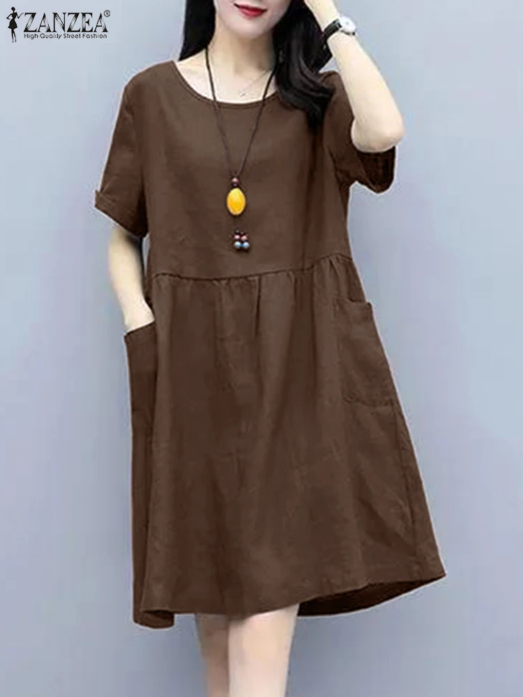 

ZANZEA Women Baggy Cotton Dresses Fashion Summer Sundress O Neck Short Sleeve Holiday Vestidos Party Robe Femme Work Party Dress