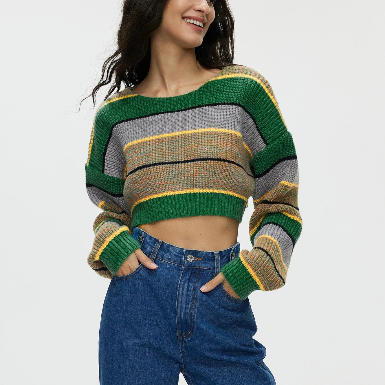 

Pullover Sweater For Women ,Winter Stripe Matching Loose Knitted Jumpers, Green Coat кофта женская traf, pull