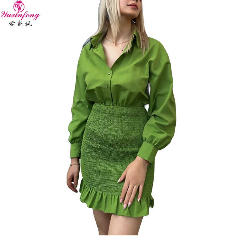 

Green Long Sleeve Formal Dress Women Autumn Fashion Faux Two Piece Fold Turndown Collar Shirt Dress Pencil Dresses Sexy