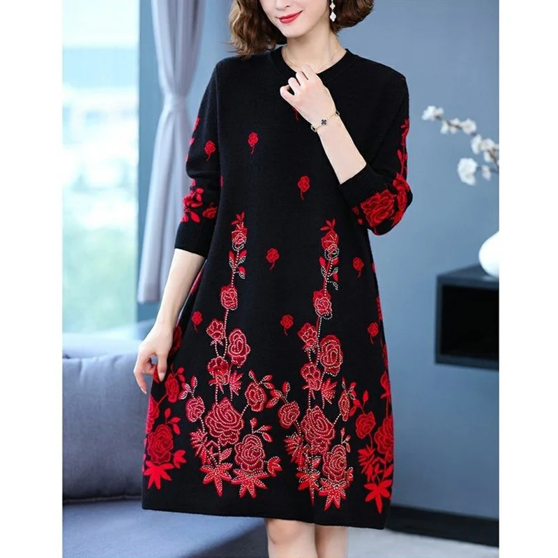 

Elegant O-Neck Knitted Printed Diamonds Mini Dress Women's Clothing 2023 Autumn Winter Oversized Office Lady Ladies Dresses