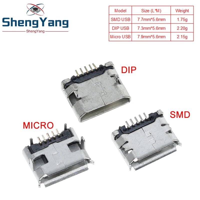 TZT 10 Stück/100 Stück Micro-USB 5-Pin-Buchse, flache USB-Buchse mit vier Beinen, Mini-USB-Anschluss für elektronische Komponenten von TZT