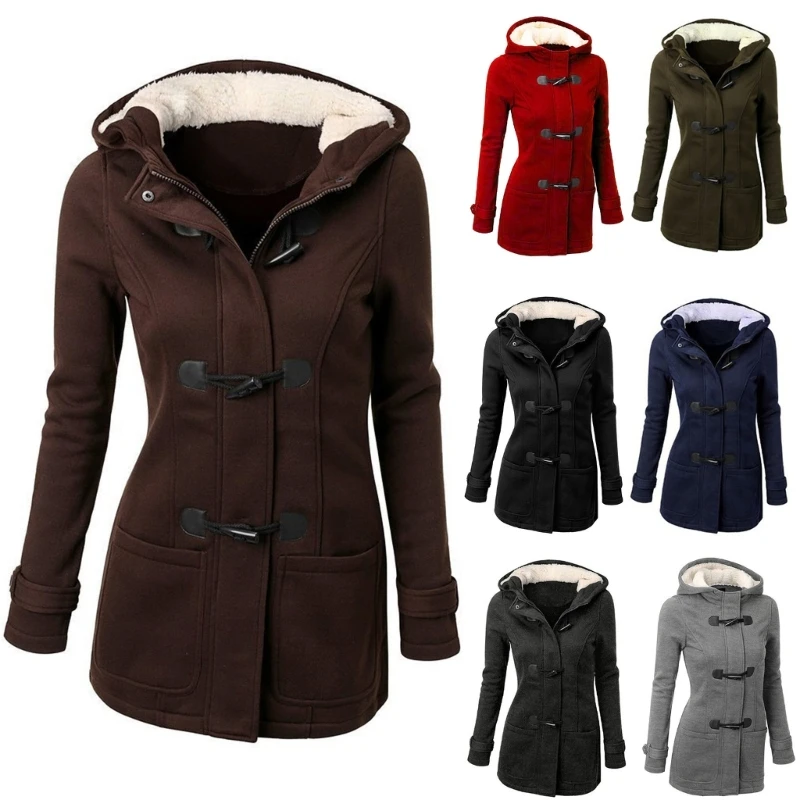 

Women Fashion Outdoor Warm Woolen Jackets Winter Fleece Coat Jackets Casual Loose Longline Horn Button with Hood