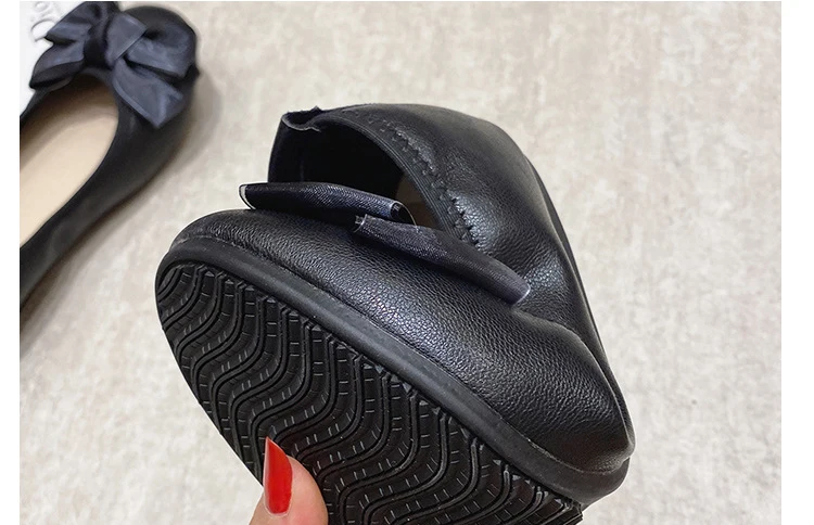 Womens Foldable Soft Round Toe Ballet Flats Butterfly Knot Sweet Comfortable Slip on Flat Ballerinas Shoes Woman PU Leather