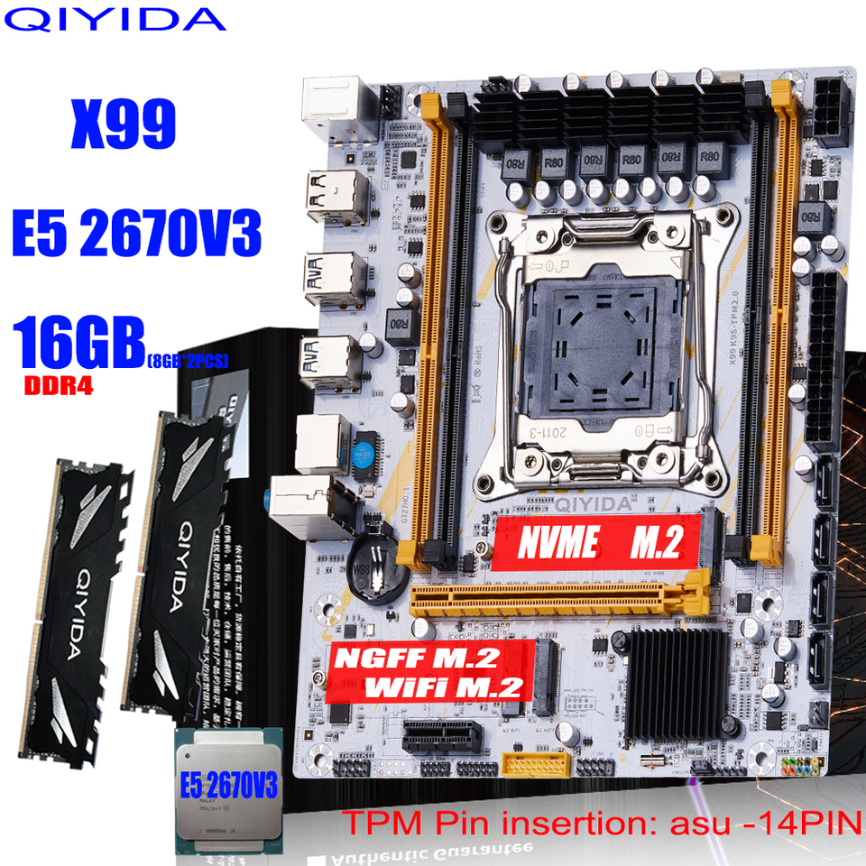 QIYIDA X99 Motherboard Set Kit With LGA2011-3 Xeon E5 2670 V3 CPU (2*8GB) 16GB DDR4 RAM M-ATX NVME M.2 Support TPM Pin insertion