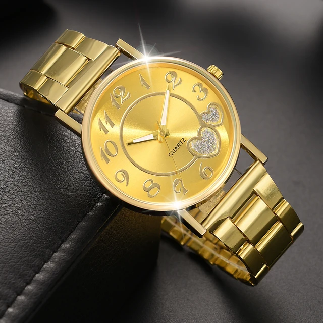 Gold 5PCS/Set Women Watch Fashion Light Luxury Love Element Dial Quartz Wristwatch Alloy Strap Watch Jewelry Set Gift For Her 3