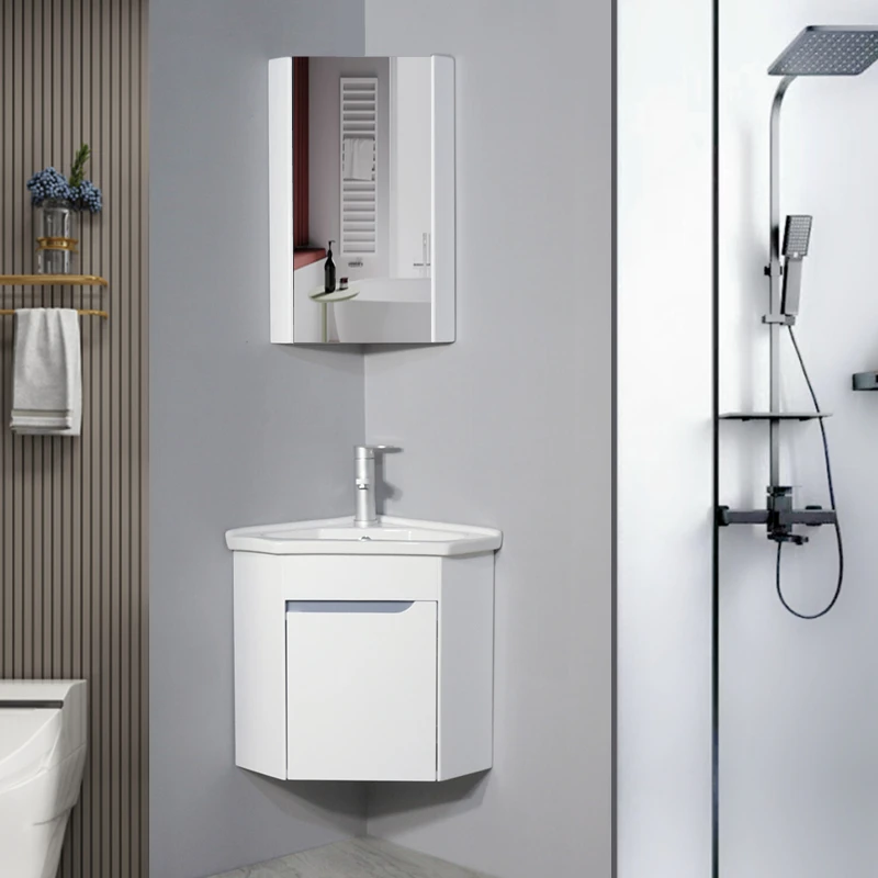 

Customized simple oak triangular bathroom cabinet combination, small unit bathroom corner, rock plate, ceramic hand and wash bas