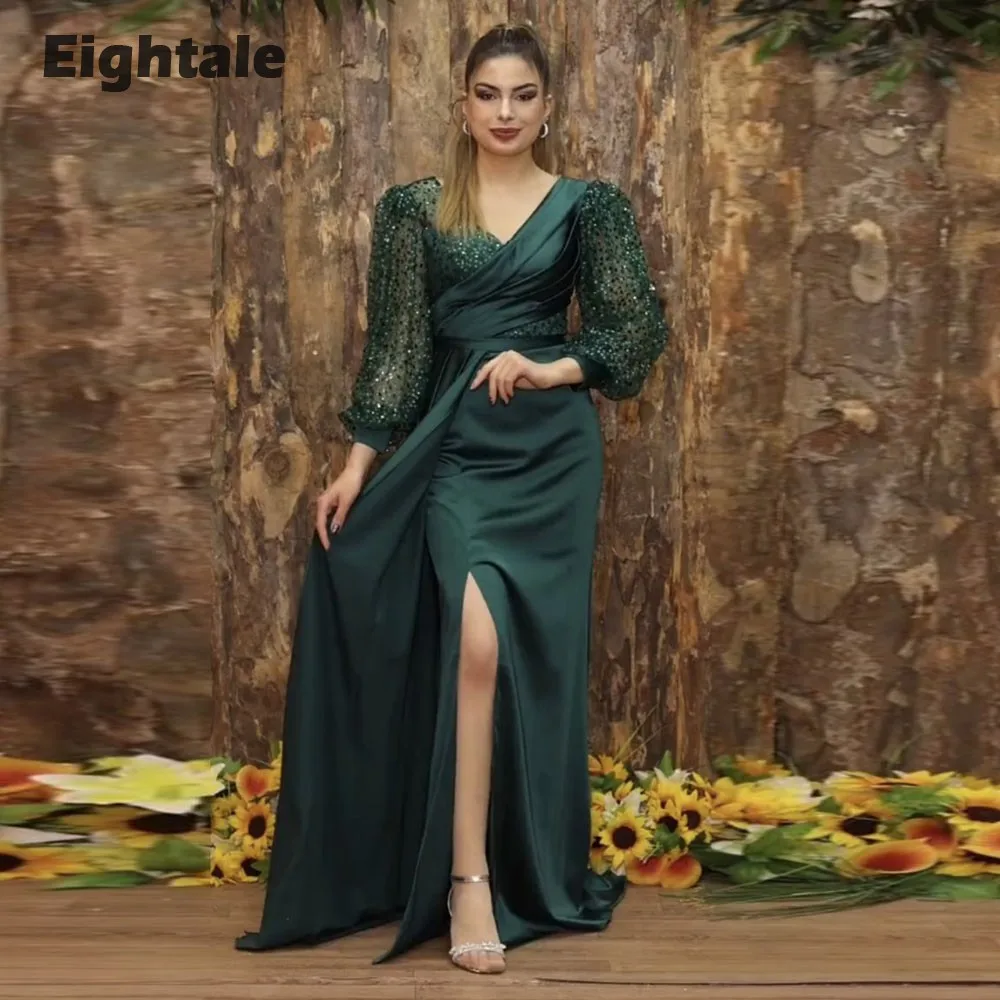 

Темно-зеленое атласное вечернее платье с V-образным вырезом и длинными рукавами