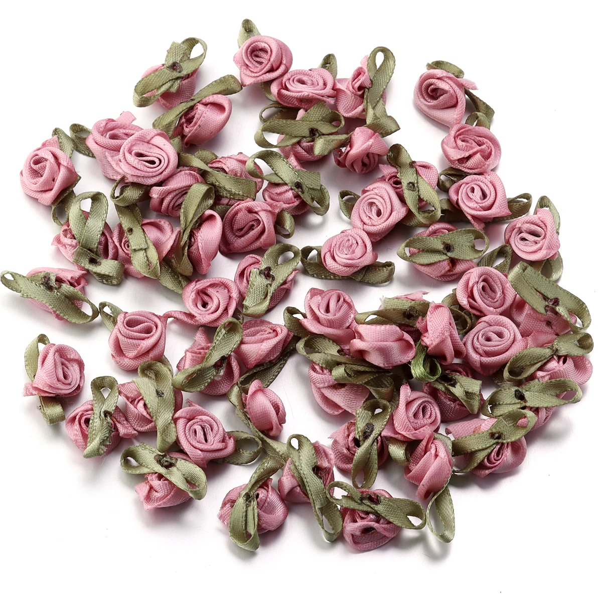 50-Piece Set: Vibrant Ribbon Rose Rosettes with Leaf Fabric Flowers