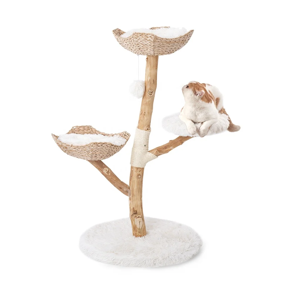 

New Design Luxury Modern Soft Cat Climbing Bed Tree Post Real Natural Solid Wood Branch Cat Tree