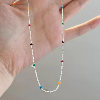 925 Silver Sterling Silver Necklace With Simple Geometric Multicolour Beads Choker Shiny Delicate Collarbone Chain For Women's