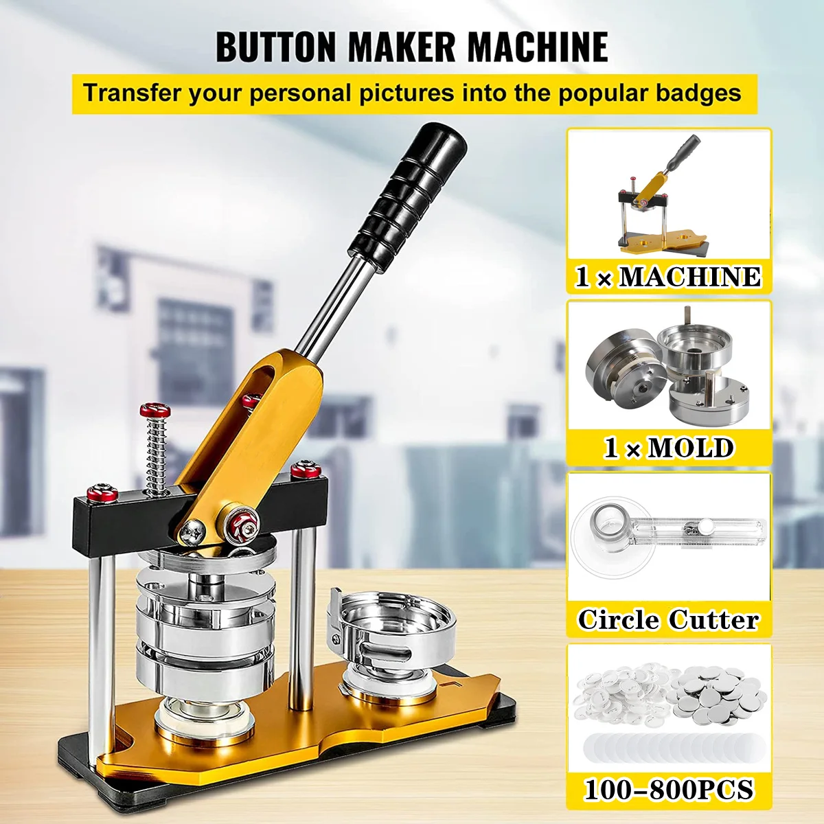 Badge Button Maker Machine with 100-800Pcs Button Parts+Circle Cutter+Mold 25-75MM DIY Badges Press Tools Pin Maker Machine Set