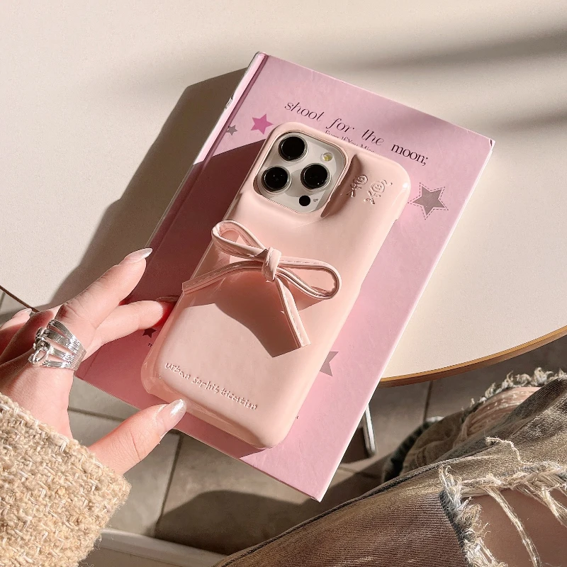 Korean Cute Bow Kawaii Glossy Leather Phone Case Cover
