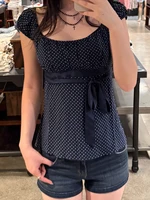 Pink Floral Print Cinched T-shirt Blouse Women Sexy Folds Square Collar Lace-up T-shirts Summer Sweet Vintage Backless Tops Tees - Image 4