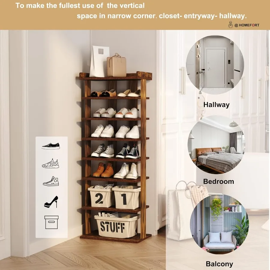 7Tier Wood Shoe Rack Double Rows Shoe Shelf Shoe Storage Stand Entryway Shoe Tower Vertical Shoe Organizer for Narrow Closet En